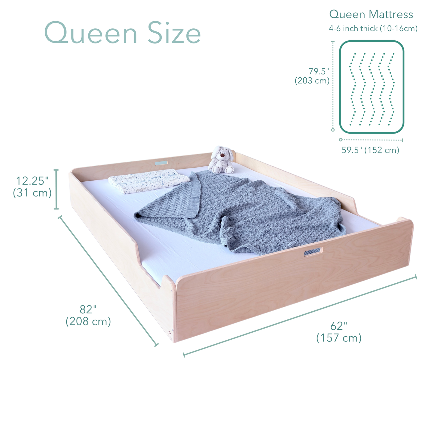 Queen size maple wooden bed frame with dimension labels showing 82 inches width, 62 inches length, and 12.25 inches height, alongside a queen mattress size graphic on a white background.