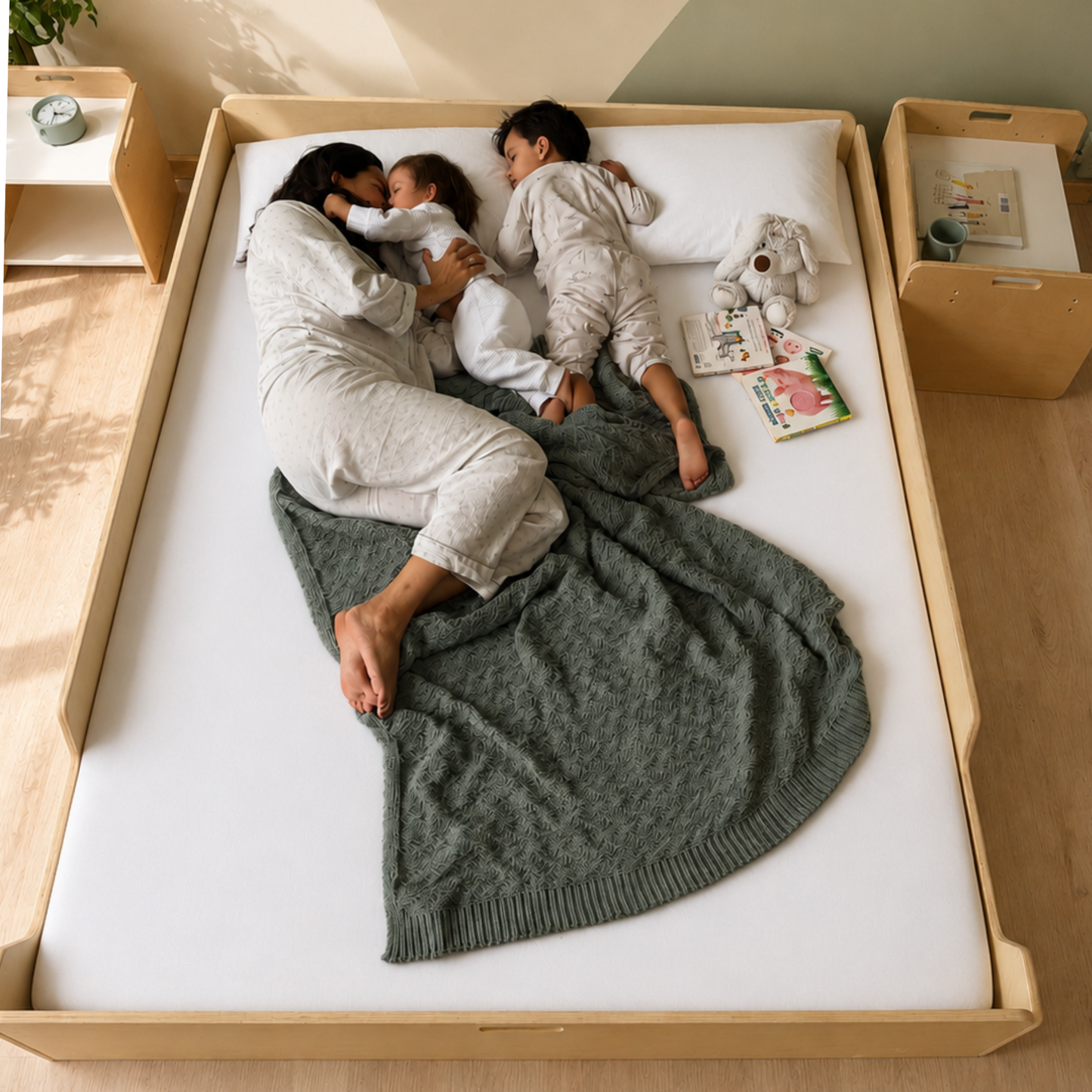 A woman and two children sleep on a wooden bed frame with a white mattress, wrapped in a gray knit blanket. The room has light wood flooring and bedside tables with small toys and books. A montessori bedroom