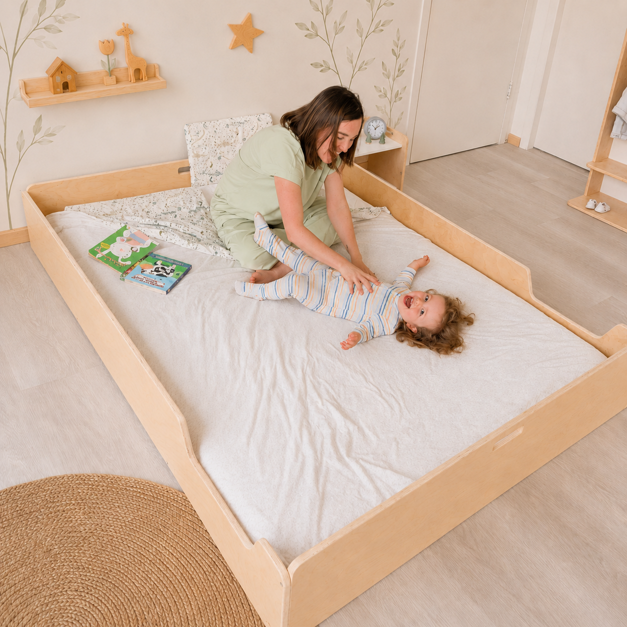 A woman and a child are sitting on a Montessori Floor bed from Sapiens Child in a child-friendly room with wooden furniture and decor.