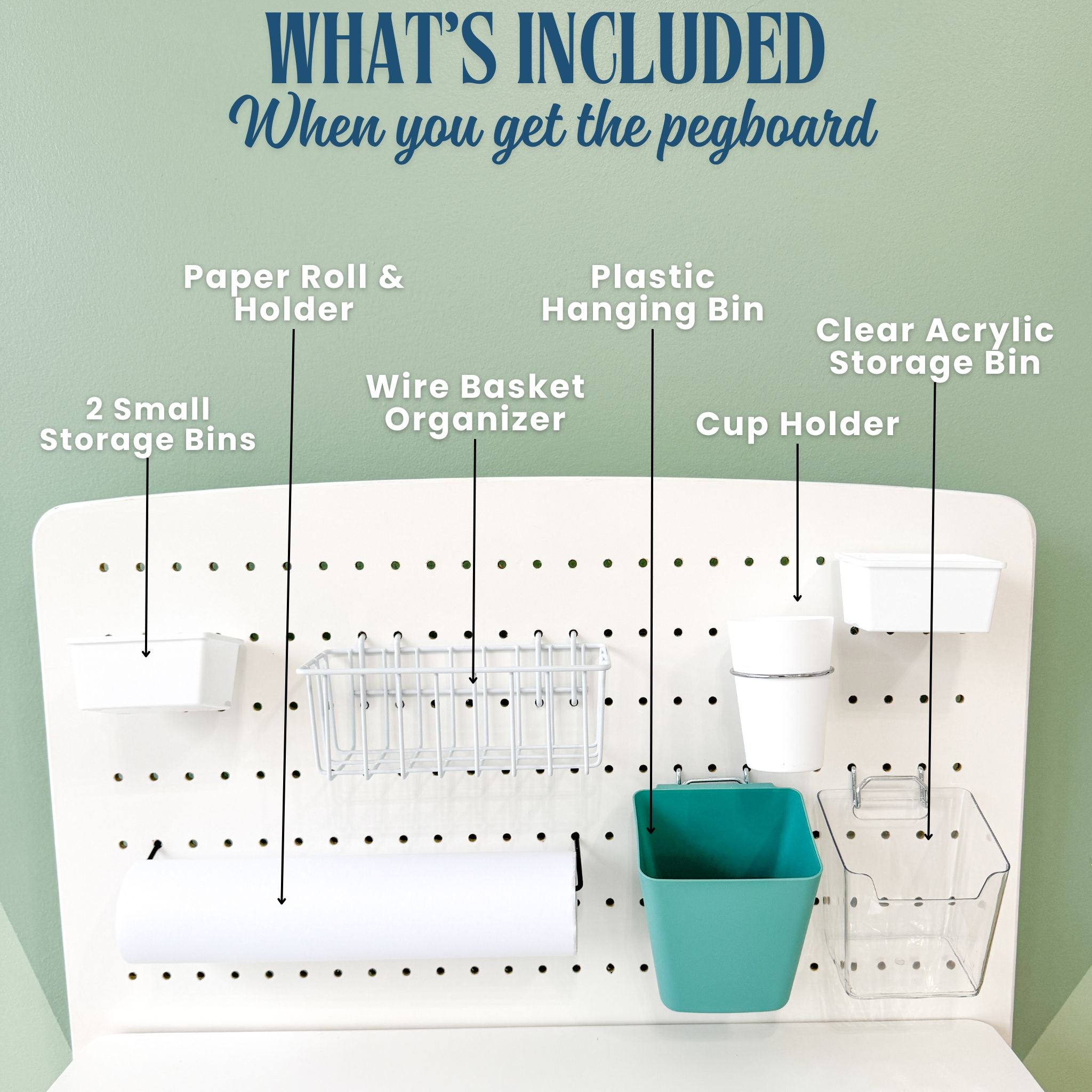 Close-up of the pegboard accessories included with the Lumen Big Kid Desk. The pegboard is mounted on the desk and features a paper roll holder, two small storage bins, a wire basket organizer, a plastic hanging bin, a cup holder, and a clear acrylic storage bin. Designed for organizing school supplies, art materials, and stationery.