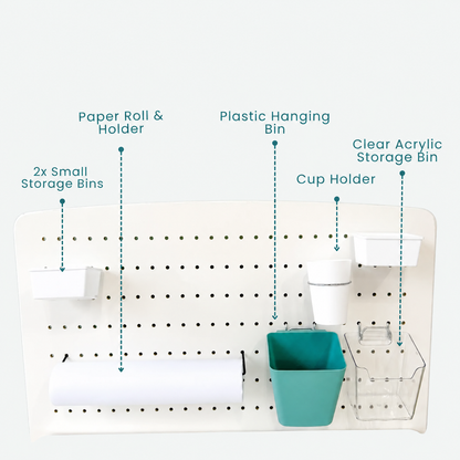 Lumen pegboard accessories: paper roll and holder, two small storage bins, plastic hanging bin, cup holder, and clear acrylic storage bin.
